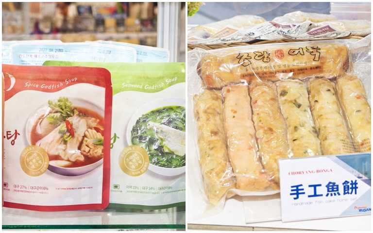 「韓國釜山水產館」的多樣水產都有烹調方便的特性，圖左為鱈魚湯，圖右手工魚餅。