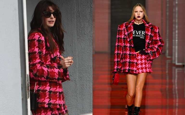 安海瑟薇選穿的是Versace2022秋冬系列Medusa千鳥格紋磨邊毛呢西裝外套，搭配迷你短裙，亮粉色與紅色的交織展現活力又迷人的女神風采。（圖／品牌提供）