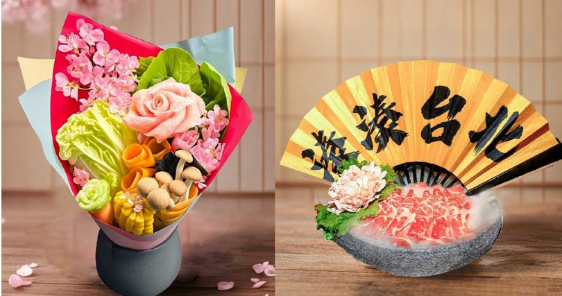 「紅粉櫻之戀套餐」除了可任選湯底還搭配「花漾拼盤」(左)與「花開富貴拼盤」。(圖/湊湊火鍋提供)