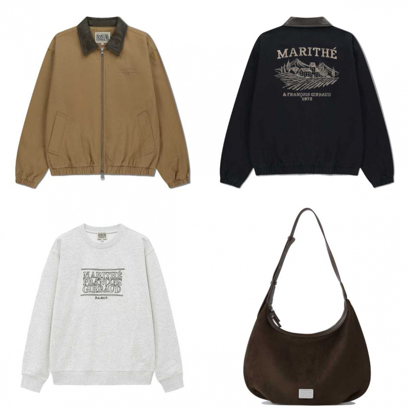 刺繡復古插圖棉質飛行外套(卡其棕)、(海軍藍)／6,590元，手繪插畫感經典logo短版大學T(米)／2590元，經典logo麂皮半月肩背包(棕)／3,890元（圖／品牌提供）
