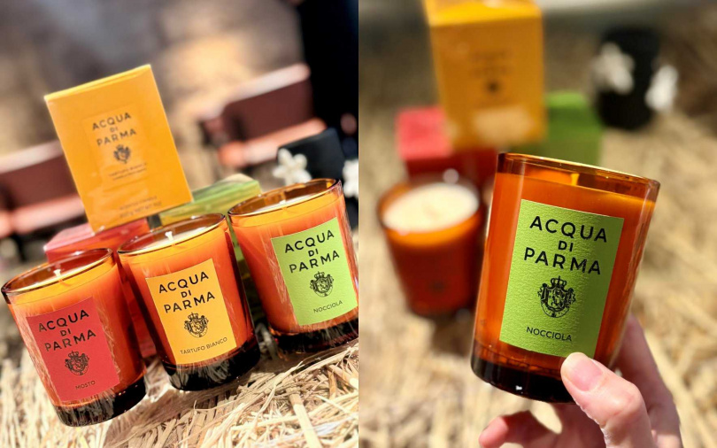 Acqua di Parma Mosto鮮摘葡萄香氛蠟燭200g／3,300元、Nocciola黃金榛果香氛蠟燭200g／3,300元、Tartufo Bianco松露絲絨香氛蠟燭200g／3,300元（圖／吳雅鈴攝）