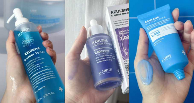 Dr.SANTE韓國善對｜甘菊藍舒緩修護機能化妝水 200ml／1,090元、甘菊藍舒緩修護安瓶精華 50ml／1,890元、甘菊藍舒緩修護天藍潤澤霜 50g／1,190元（圖／廖怡婷 攝）