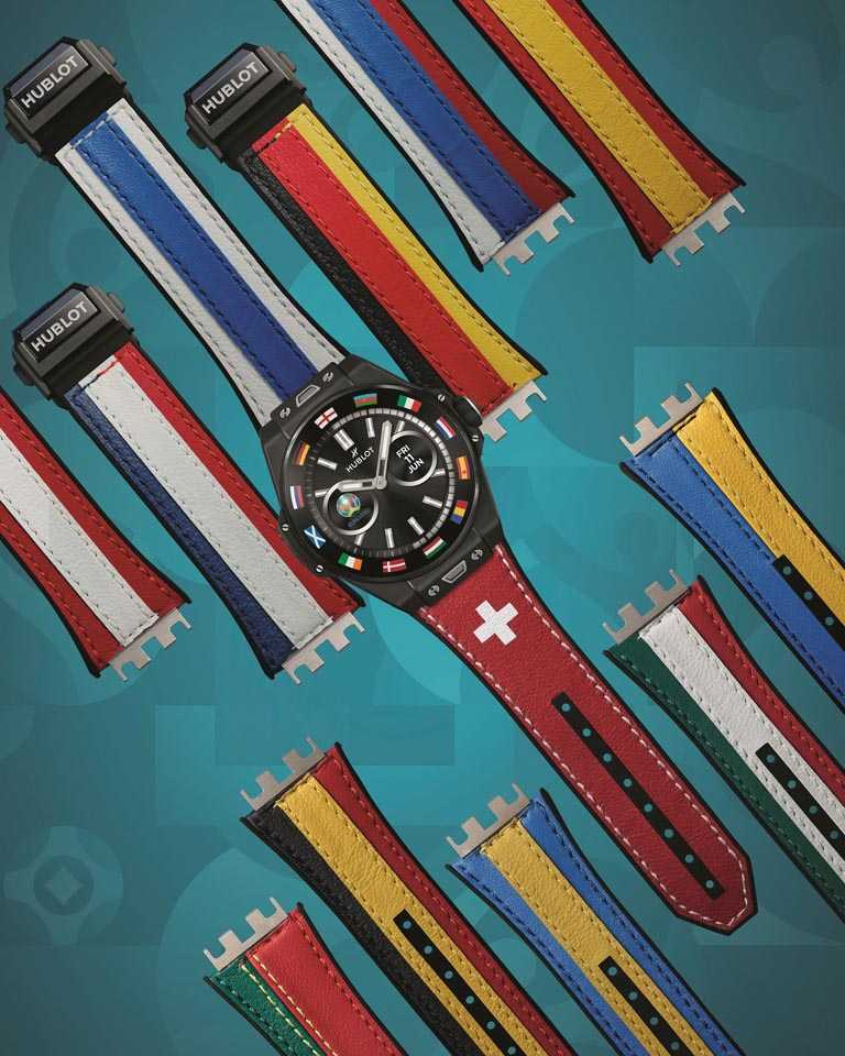 HUBLOT「Big Bang e UEFA Euro 2020」 歐洲盃智能錶，搭載專利「One-Click」單鍵快拆錶帶裝置，並附有不同球隊主色錶帶，可供選購應援╱180,000元。（圖╱HUBLOT提供）
