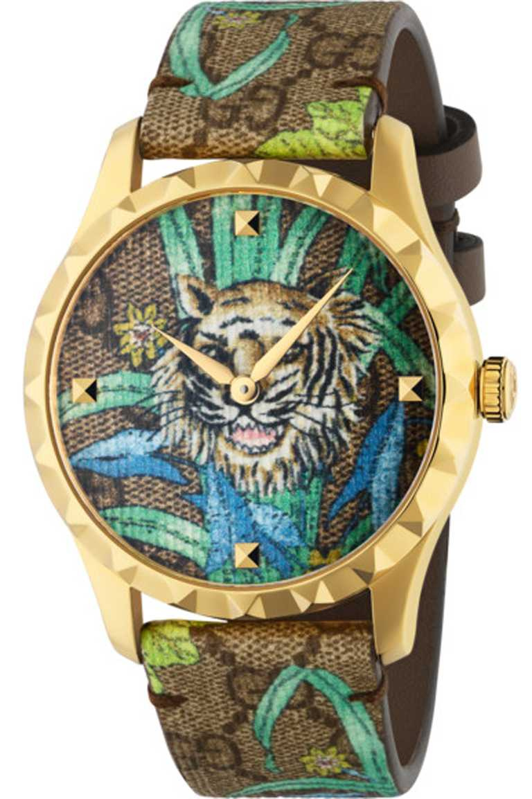 GUCCI「Tiger G-Timeless」系列，虎年主題金色錶圈腕錶，38mm╱32,000元。（圖╱GUCCI提供）
