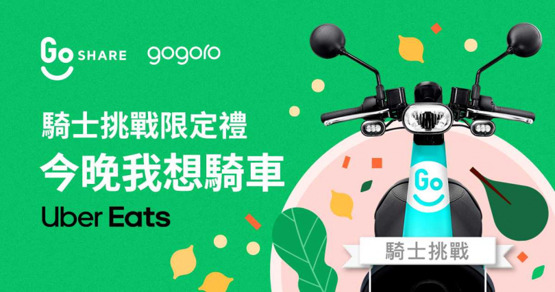 即日起至4/30，GoShare 用戶只要完成「今晚我想騎車」挑戰，完成 5 趟 GoShare 騎乘，享 Uber Eats 200 元優惠序號。