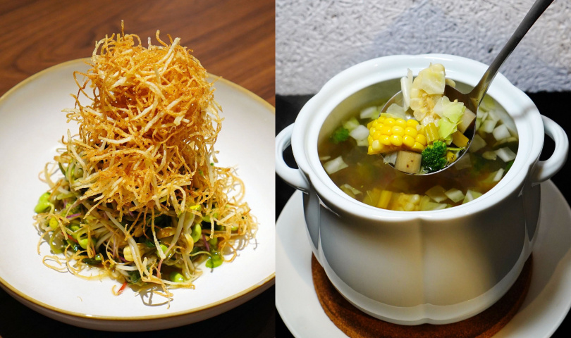 「嗆拌芽菜」（左）、「精力蔬菜湯」。