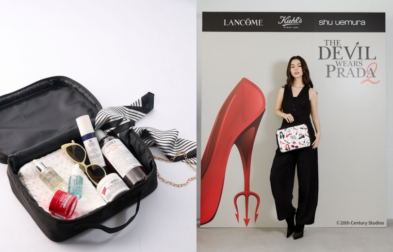 圖說：組合1:Kiehl's激光極淨白淡斑精華50ml+A醇精華4ml×2+全能修護露4ml×2+電影限定款契爾氏旅行收納包貼紙組 / 3,240元。組合2:Kiehl's金盞花精華修護化妝水500ml+金盞花泡泡凝露30ml×4+電影限定款契爾氏旅行收納包貼紙組 / 2,650元（圖／品牌提供）