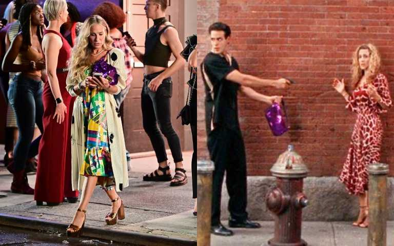 那個被搶走的Baguette回來了！FENDI 紫色亮片Baguette包現身《慾望城市》續集