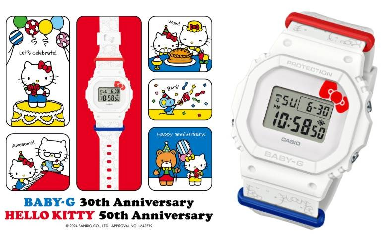Hello Kitty 50歲生日快樂！這次還有跟BABY-G推50周年聯名錶款「BGD-565KT」，經典紅白藍配色加上可愛蝴蝶結點綴也太萌了吧~~~