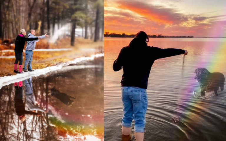 主人湖邊灑骨灰告別愛犬 挪威攝影師重現「狗狗彩虹倒影」感動網友