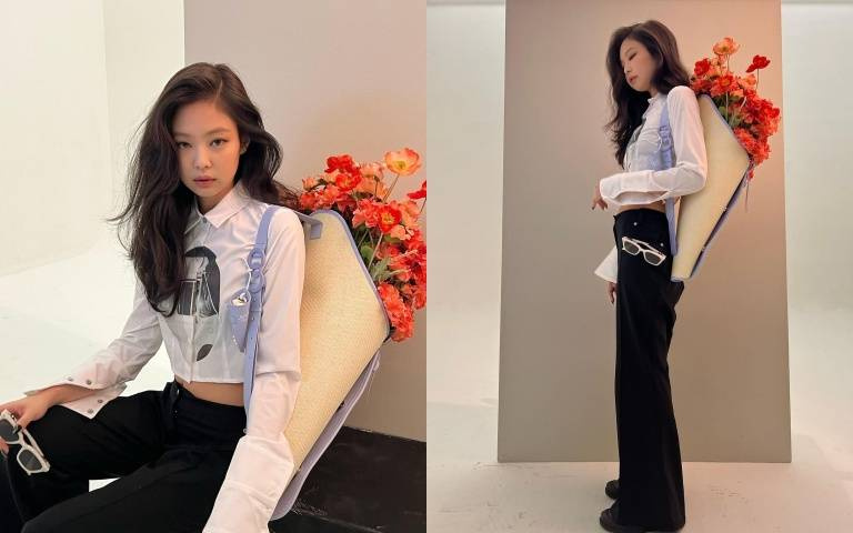預告再次合作?Jennie 揹上浮誇巨大花束搭配 Gentle Monster 白色太陽眼鏡引起網友暴風討論