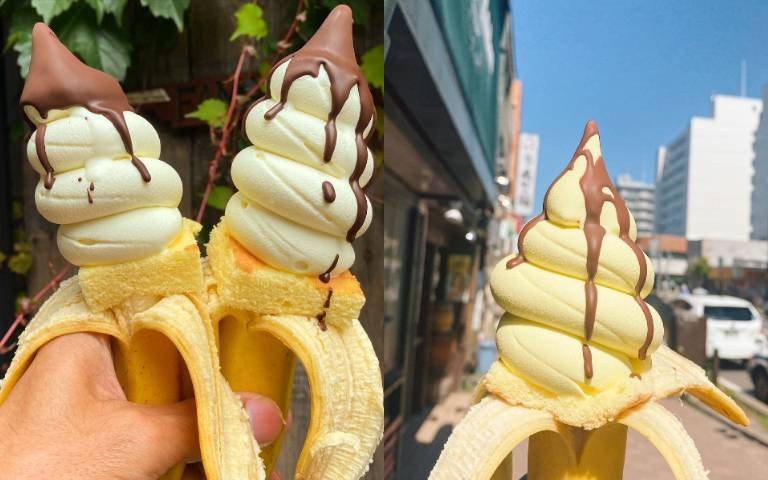 札幌雜菓店「用香蕉當甜筒」超浮誇,擠上濃厚「巧克力香蕉冰淇淋」夢幻開吃!