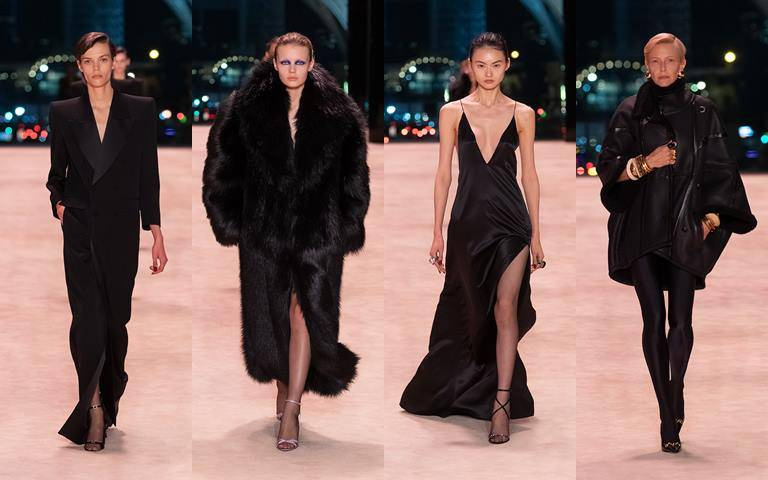 SAINT LAURENT 2022冬季女裝秀太美!黑色奢華人造皮草大衣、展現女人性感曲線的黑色絲緞洋裝…每一套都是超經典的”純黑”look!