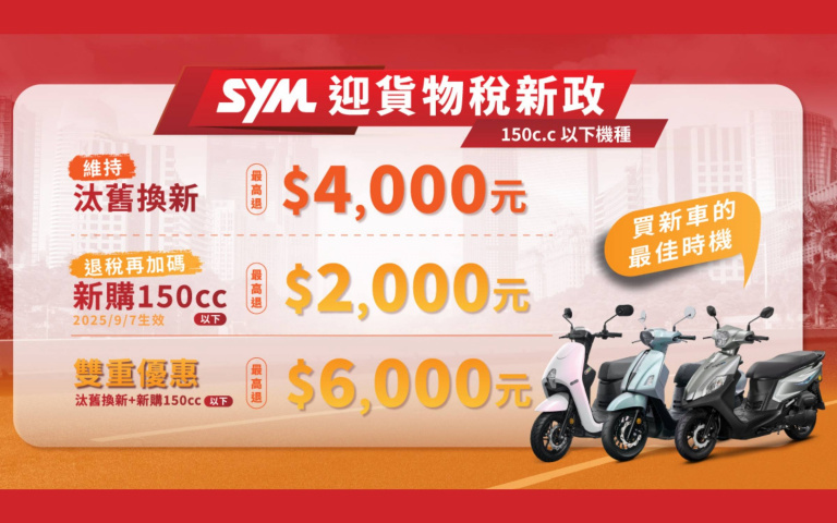 貨物稅新政搶先看　2025買新車的最佳時機！新購機車150c.c以下車款退稅$2,000元　汰舊換新最高補助$6,000元