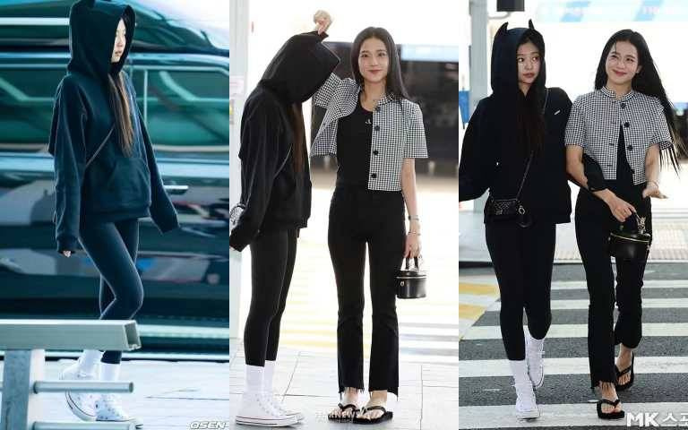 Jennie穿貓耳朵T恤腳踩CONVERSE休閒鞋，被Jisoo俏皮拎著到機場，兩人互動超有愛，萌到翻！