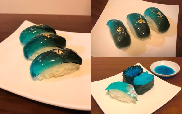 來自外星的食物?!超夢幻海洋藍「青壽司」,撒上金箔更添神秘感!