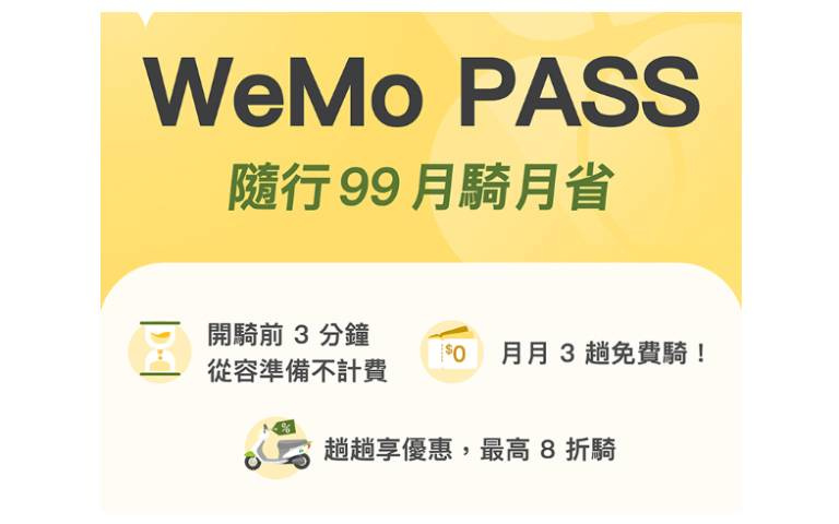 隨行$99最高享8折騎乘回饋 「WeMo PASS」騎越多省越多