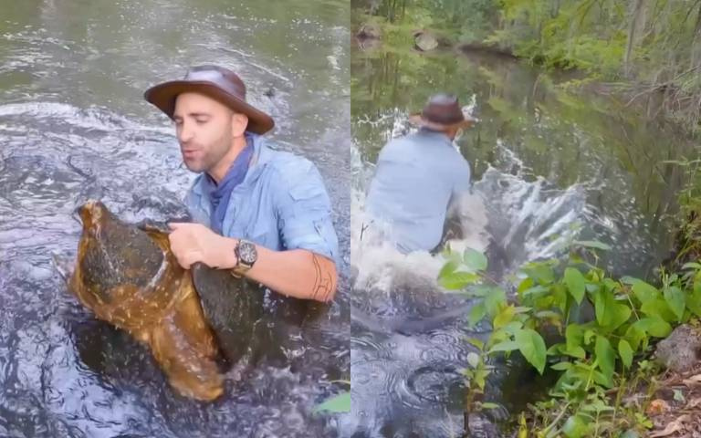 玩命動物探索家! 跳進水裡一把抓住鱷龜驚險畫面曝光