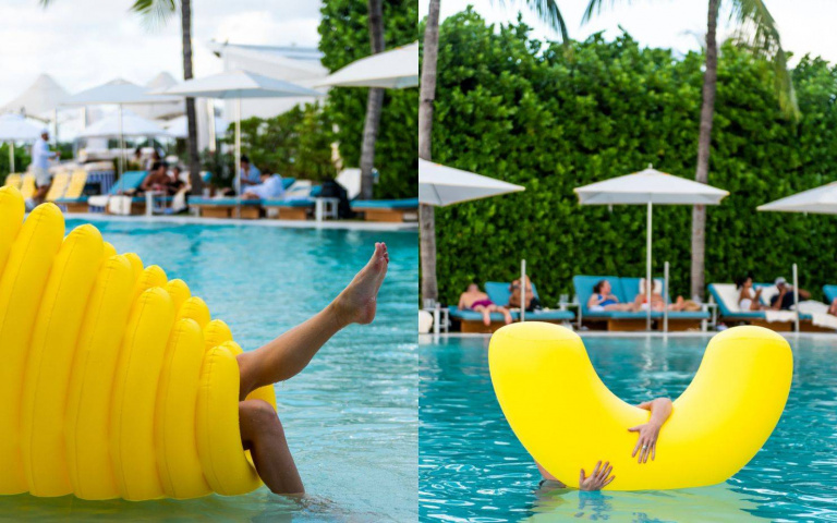 飯店推出泳池周邊！將美味的「義大麵」化身為漂浮泳池的鮮黃造型浮板