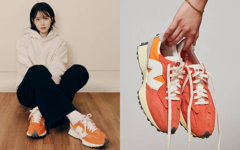 仙女 IU腳上那一雙是New Balance 327的新色「夕陽橘」！用來搭配黑色褲子怎麼可以這麼好看啦！