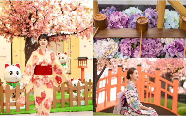 北中南OUTLET打造日式造景 繡球花神社、櫻花小徑春意盎然 喵特急列車賣萌亮相