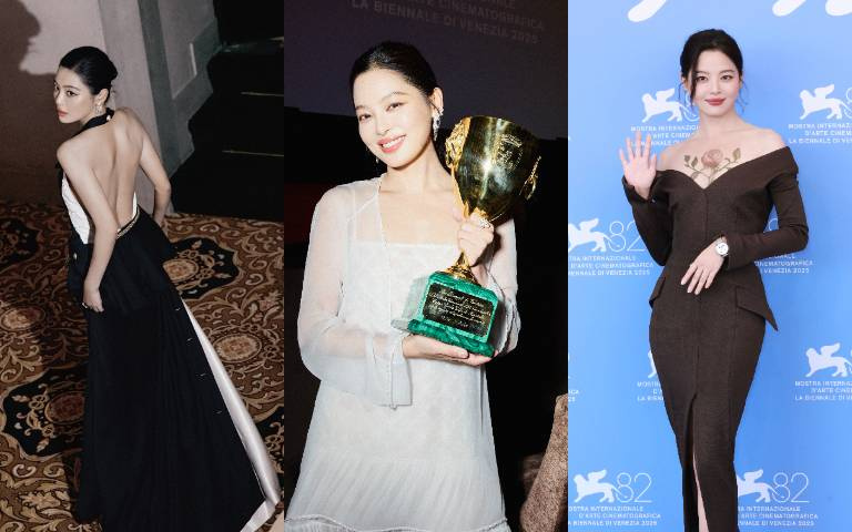 辛芷蕾奪威尼斯影后！紅毯戰袍：削肩露美背、一轉身全網暴動，胸前玫瑰花飆性感天花板