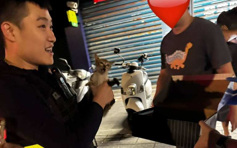 小貓受困引擎蓋遭警察叔叔救出　牠掙扎畫面太逗趣當場找到長期飯票