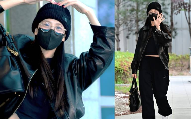 JISOO不跳開花舞了！現身金浦機場身穿全黑超時髦，尤其這個復古圓框眼鏡+黑色水桶包潮翻天！