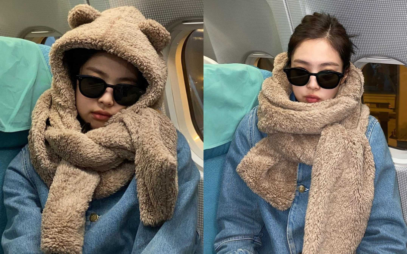 BLACKPINK Jennie戴上毛絨絨小熊圍巾登機!保證空姐看了也直呼這未免太可愛了吧>///