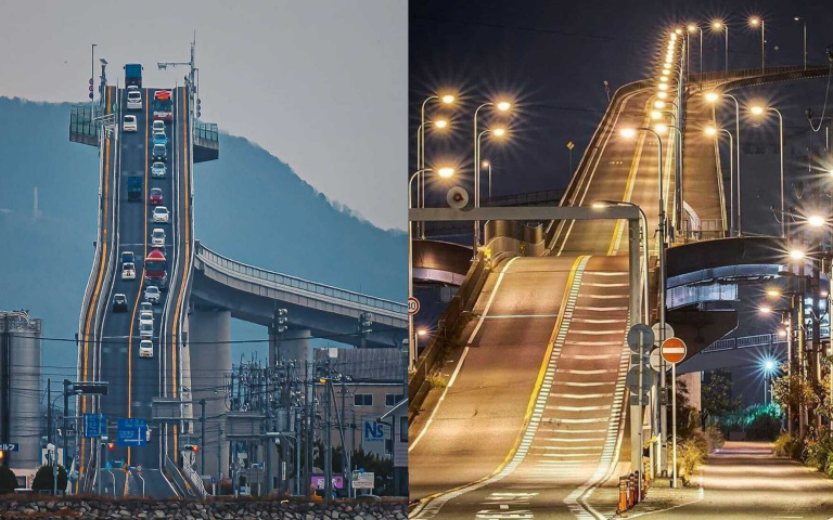 用生命在開車 看起來近乎垂直的日本江島大橋