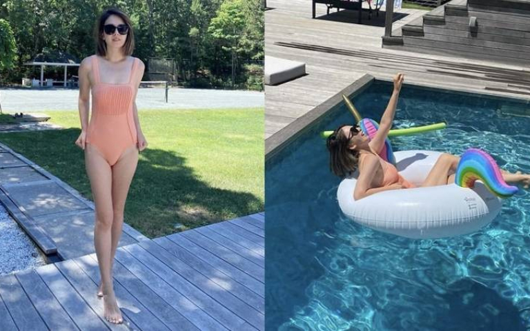 43歲Melody超會保養身材！『高衩泳裝』秀出雪白鉛筆腿！連好友林心如也誇讚這身材不得了！