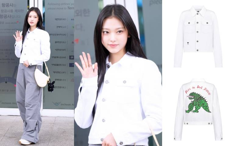 New Jeans Haerin機場穿搭太可愛！身上外套被神出是Dior的Niki de Saint Phalle膠囊系列款式，背後還有一隻綠色恐龍超搶眼！