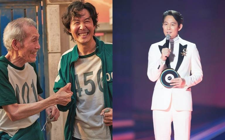 和001號一同入圍金球獎！《魷魚遊戲》李政宰一身白色西裝帥氣現身MAMA舞台，不僅搬回演員大賞還小秀主持功力！