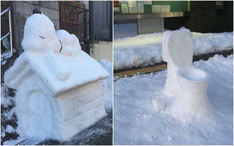 日本職人精神！隨便在家門口都能變出神作，熊貓、史努比都用雪堆出來了！